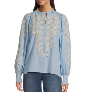 Gibson & Latimer Powder Blue Embroidered Floral Ruffle Split Neck Blouse XL